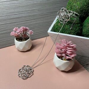 New York & Company Silver Rose Necklace and Matching Bracelet